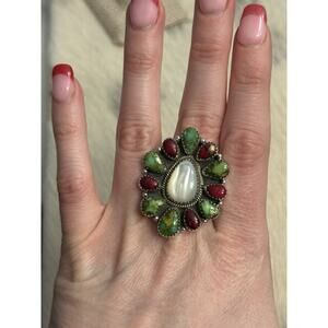 Huge Sterling Silver Sonoran Gold Turquoise Red Dahlia MOP Cluster Ring Adjust